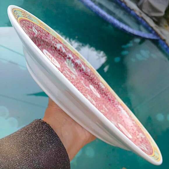 Vintage Large 16" Red Chinese Famille Rose Longevity Pattern Porcelain Oval Plat - Picture 6 of 10